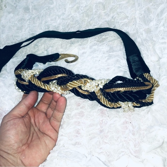 Vintage Black and Gold Braided Belt with Pearl Accents- elastic strap - hook - Picture 2 of 6